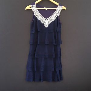 Navy Blue Dress with Lace Trim.